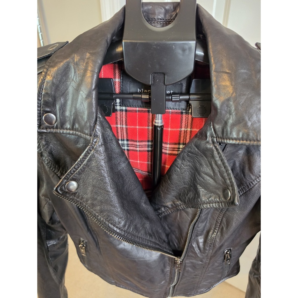 Black Rivet Womens M Black Leather Moto Biker Jacket Red Plaid Lined Motorcycle